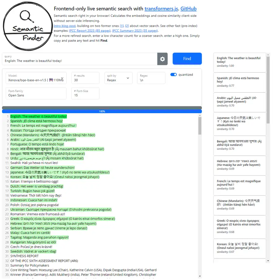 SemanticFinder bge-base-en performance