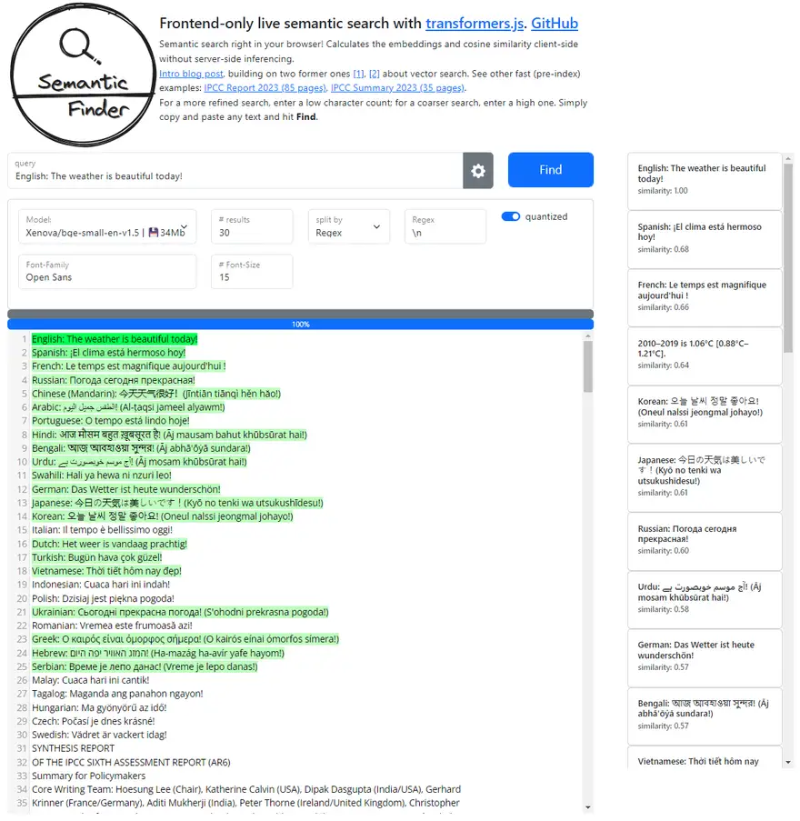 SemanticFinder bge-small-en performance