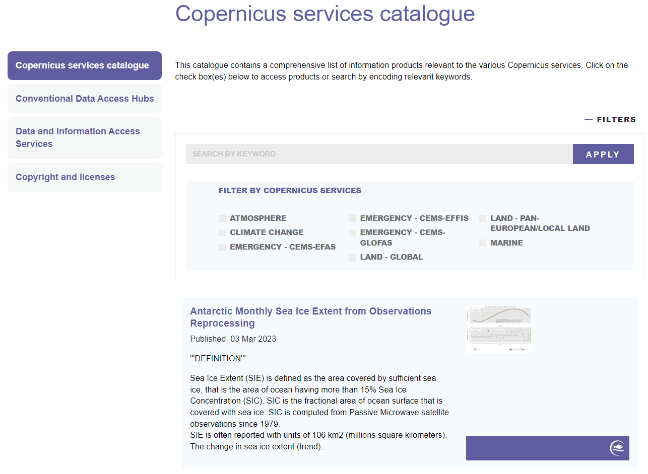 Web site overview: Copernicus Services Catalogue