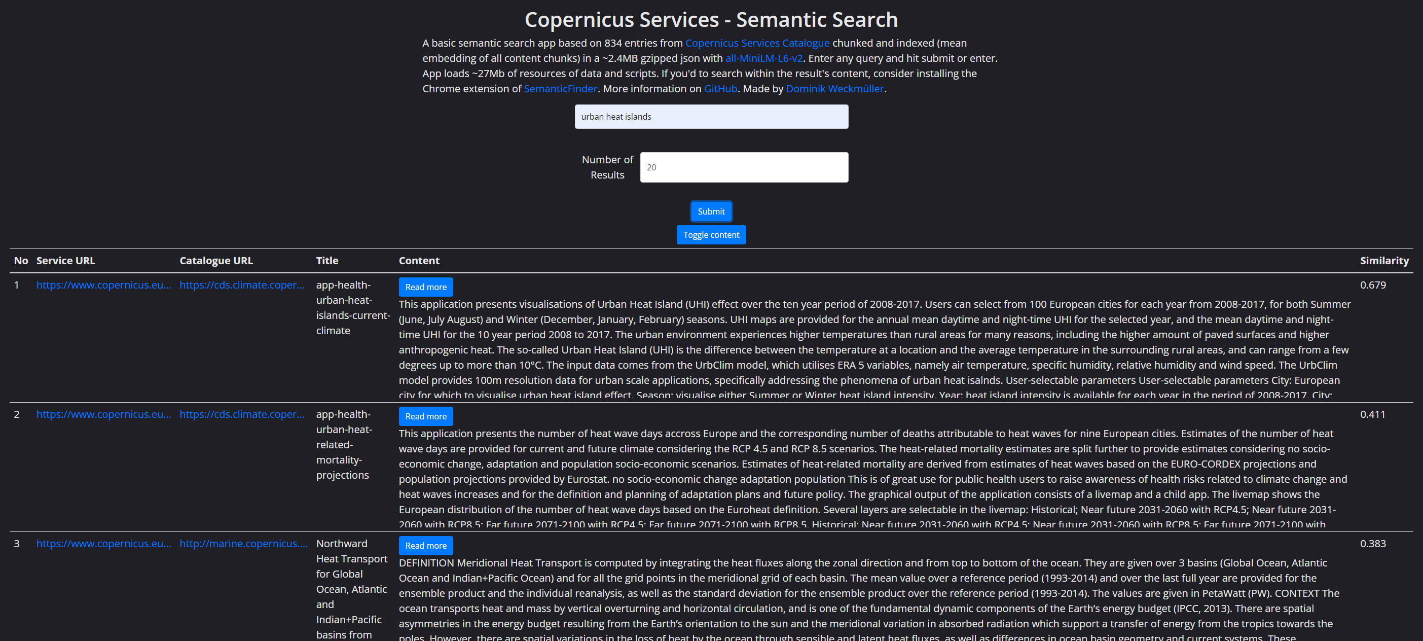 Copernicus Services Semantic Search App Interface in Dark Mode